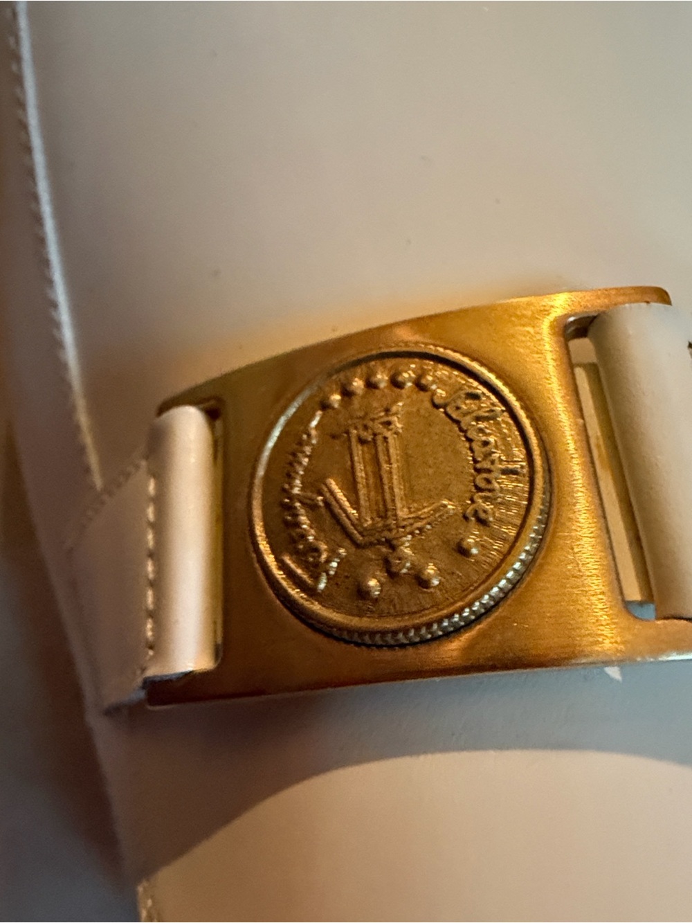 Salvatore Ferragamo White Belt with Gold Medallion Buckle